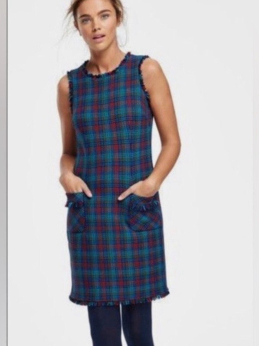 Boden Preppy British Boucle Tweed Plaid Fringe Sleeveless Shift Dress 10 Long